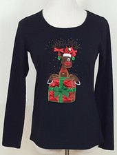 Womens Christmas T Shirt Top Size S Winking Reindeer Black Long Sleeve Pullover