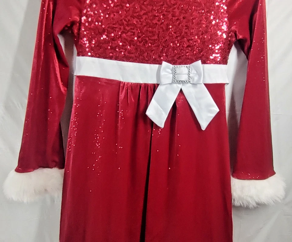 Bonnie Jean Christmas Dress 12 Red Sequin Glitter White Fur Trim Tie Back Girls - Image 3 of 4