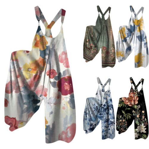Women's Casual Overalls Jumpsuits One Piece Sleeveless Floral Wide Leg Rompers *