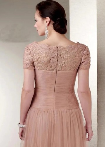 V Neck Chiffon Mother of the Bride Dress Cap Sleeves Appliques Prom Party Gowns - Picture 2 of 14
