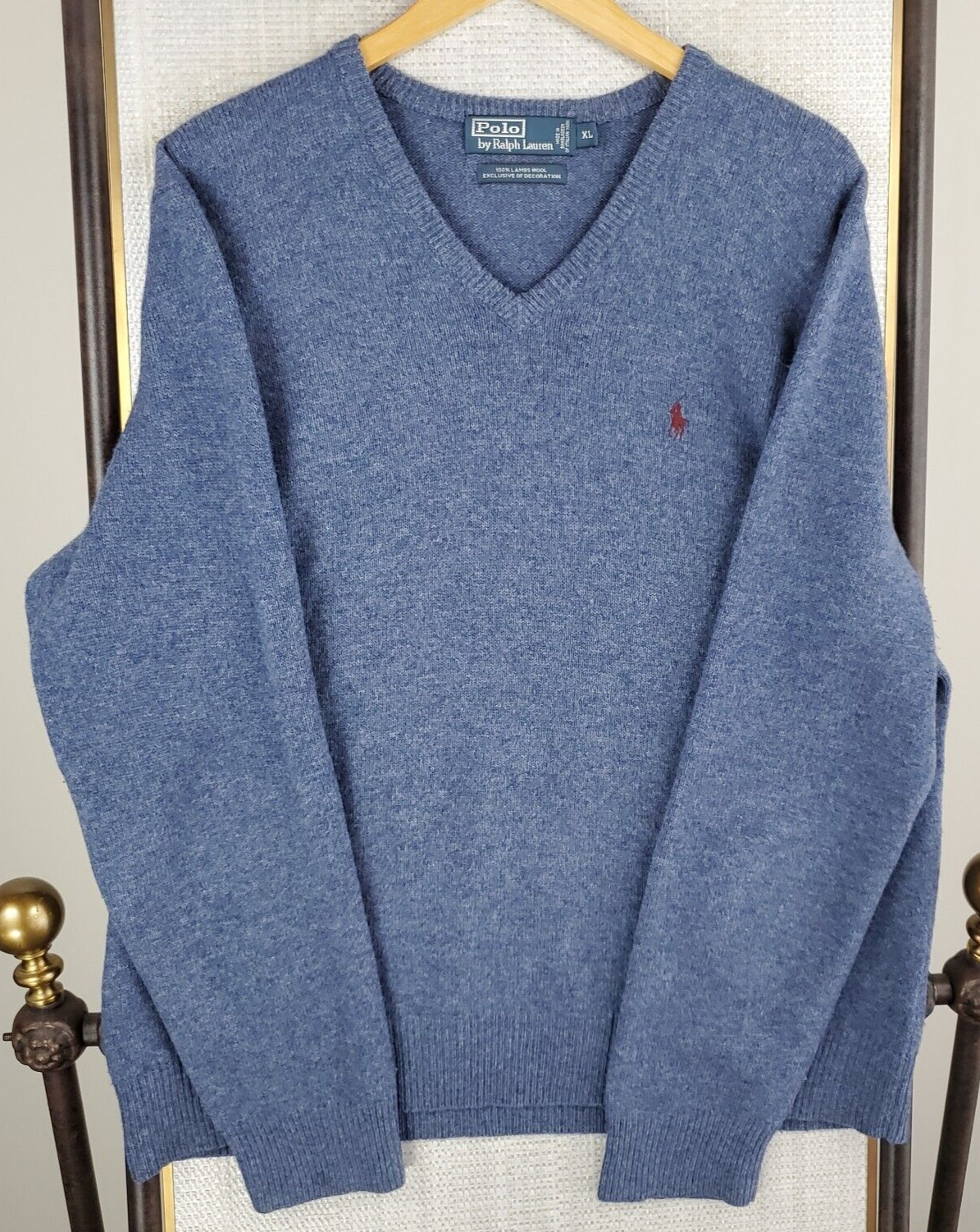 PONY POLO RALPH LAUREN taglia XL maglione uomo 100% lana di agnello italiana scollo a V filati blu