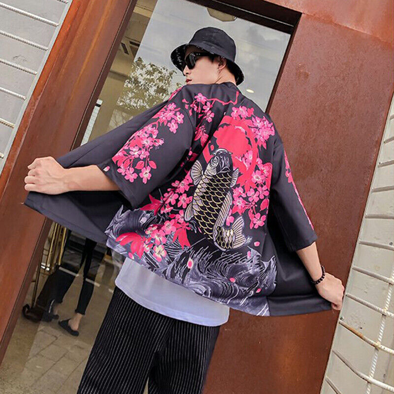 Mens 3/4 Sleeve Kimono Yukata Cardigan Top Jacket Japanese Mens 3/4 Sleeve Kimono Yukata Cardigan Top Jacket Japanese