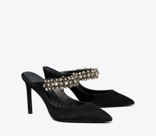 NEW Tory Burch Black Suede Crystal Pointed Toe Pump Mule Sz 10M