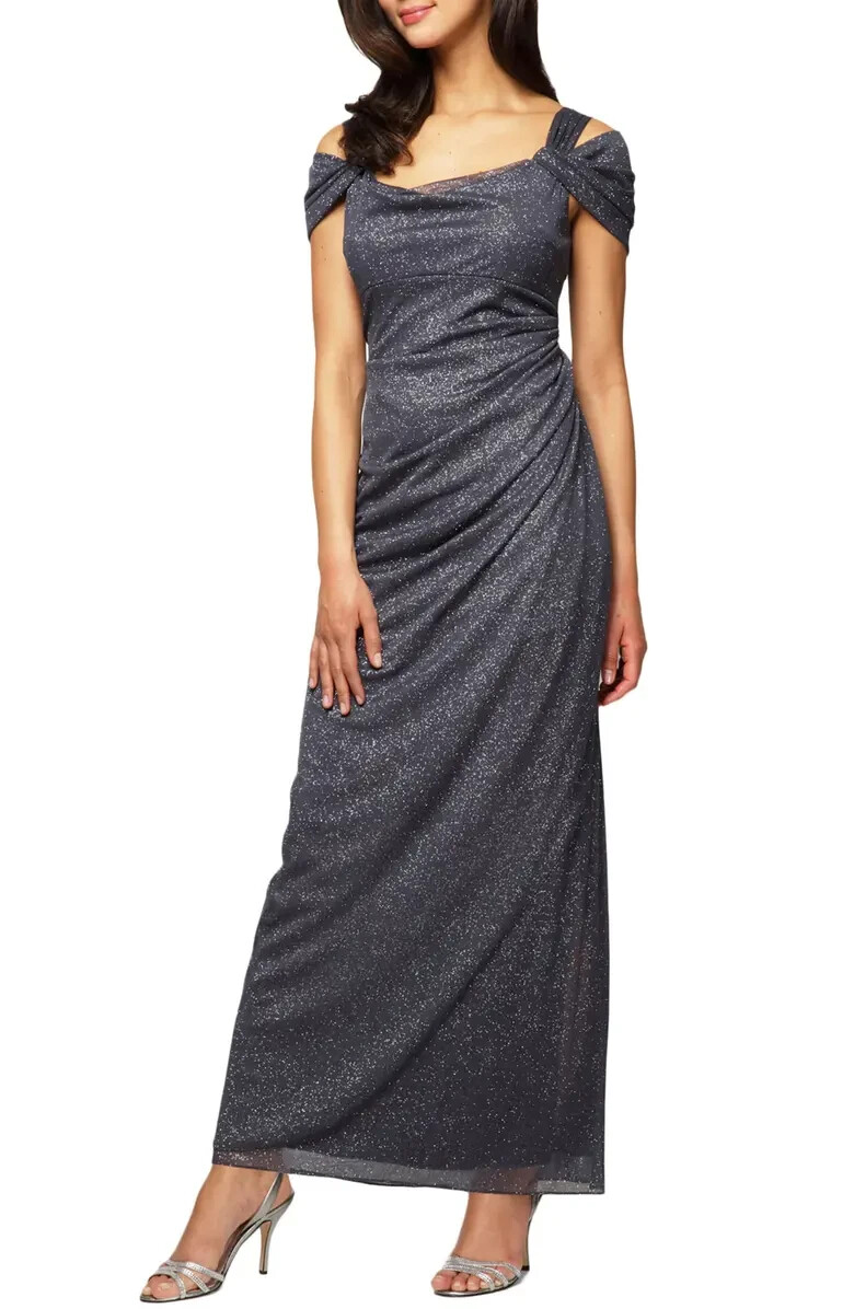 ALEX EVENINGS Petite Cold-Shoulder Draped Metallic Gown Color Smoke Sz 10P  884002429799 | eBay