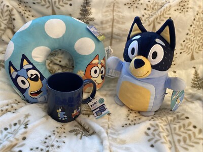 NWT! 11  Bluey s  Bandit  Plush & HTF Kids Travel Neck Pillow & Color Change Mug