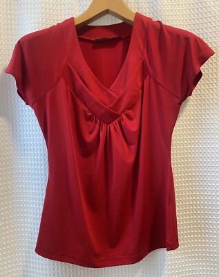 The Limited~Womens S~Popover VNeck Shirt Top Blouse~Short Cap Sleeve~Red~Stretch