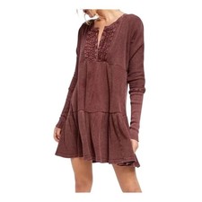 Free People Jolene Long Sleeved Mini Dress in Wine - XS