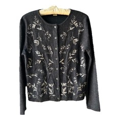 Vintage Eddie Bauer 100 Wool Cardigan Women's M Embroidered Floral Sweater