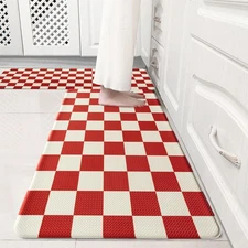 Beige Red Checkered Grid Checkerboard Kitchen Rug Sets [2 PCs], Anti-Fatigue,...