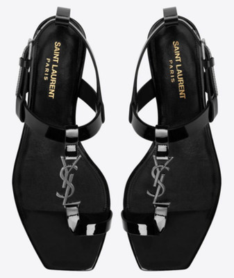 NIB Saint Laurent Cassandra YSL Logo Opyum Black Patent Flat Sandals 36.5 $1495