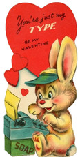 Vintage Valentine You're Just My Type Long Ear Bunny Typewriter Die Cut c1940s thumbnail