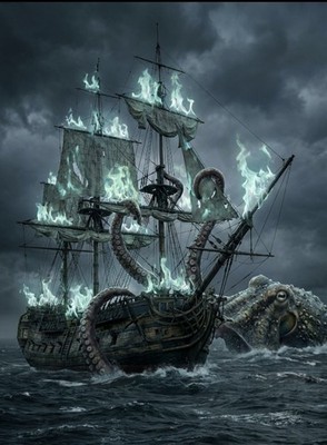 GEISTERSCHIFF MIT ST. ELMOS FEUER KRAKEN GREIFT DIESEN ABSCHEULICH AN 10x8 ZOLL DRUCK