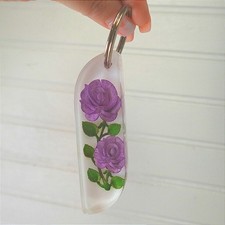Purple Flower Keychain Bag Charm Two Stem Roses Handmade Resin Fob Holder