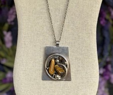 Vintage DANSK SMYKKEKUNST D.S. Denmark Sterling Silver Tiger Eye Pendant/Chan #1