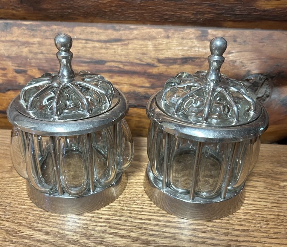 Set Of 2 Vintage Caged Blown Bubble Glass Apothecary Vanity Lidded Jars