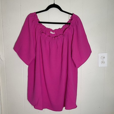 Cotton Bleu Pink 3X Women s Ruffled Neck Short Sleeve Blouse