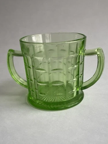 Hazel Atlas Uranium Glass Sugar Bowl – Double Handle – Depression Era– Glows UV