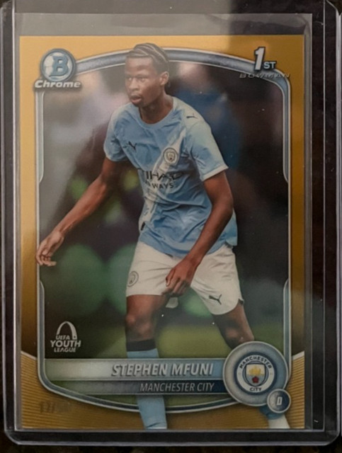 2025-26 Topps Chrome UEFA/UCC Stephen Mfuni 1st Bowman Gold Refractor #'d 12/50