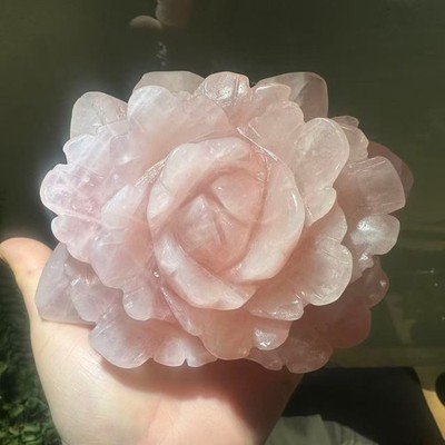 1pc Natural Pink Rose Quartz Carved Crystal Flower Skull Reiki Healing Decor
