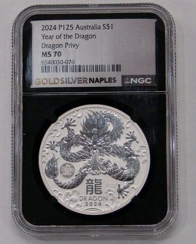 Australia 2024 1 oz Silver Lunar Year of the Dragon $1 Dragon Privy - NGC MS 70