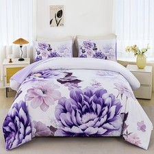 Floral Comforter Set: Lightweight Soft Bedding Comforter Sets for Full Purple