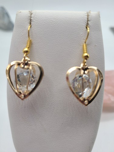 Gold Pl 3D Heart w Crystal Earrings