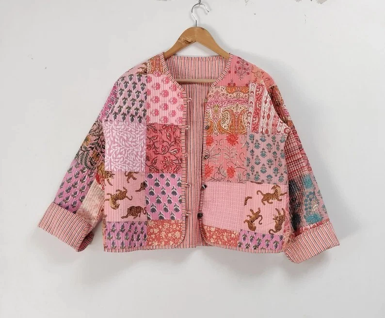 Pink Patchwork 100% Cotton Indian Women Winter Quilted Jacket Reversible Coat UK