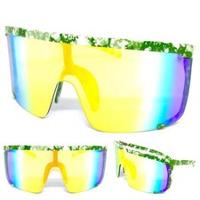 Oversized RETRO SPORTY WRAP AROUND Shield SUN GLASSES Huge Green Frame Gold Lens