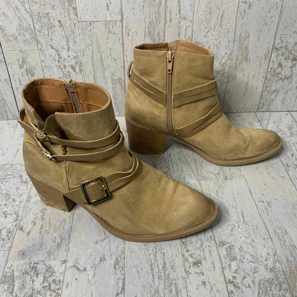 Botas de mujer Qupid talla 9 marrón gamuza cuero botines al tobillo hebillas tacón bloque Foto 4 de 4