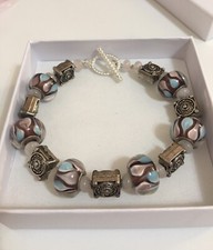 Vintage European Glass Beads Large Bracelet Blue Brown Silver Spacers 9 Long
