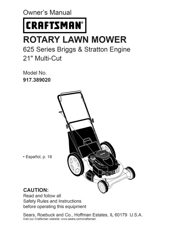 Owner s Manual Sears Craftsman 625 Series Rotary Lawn Mower Model 917.389020