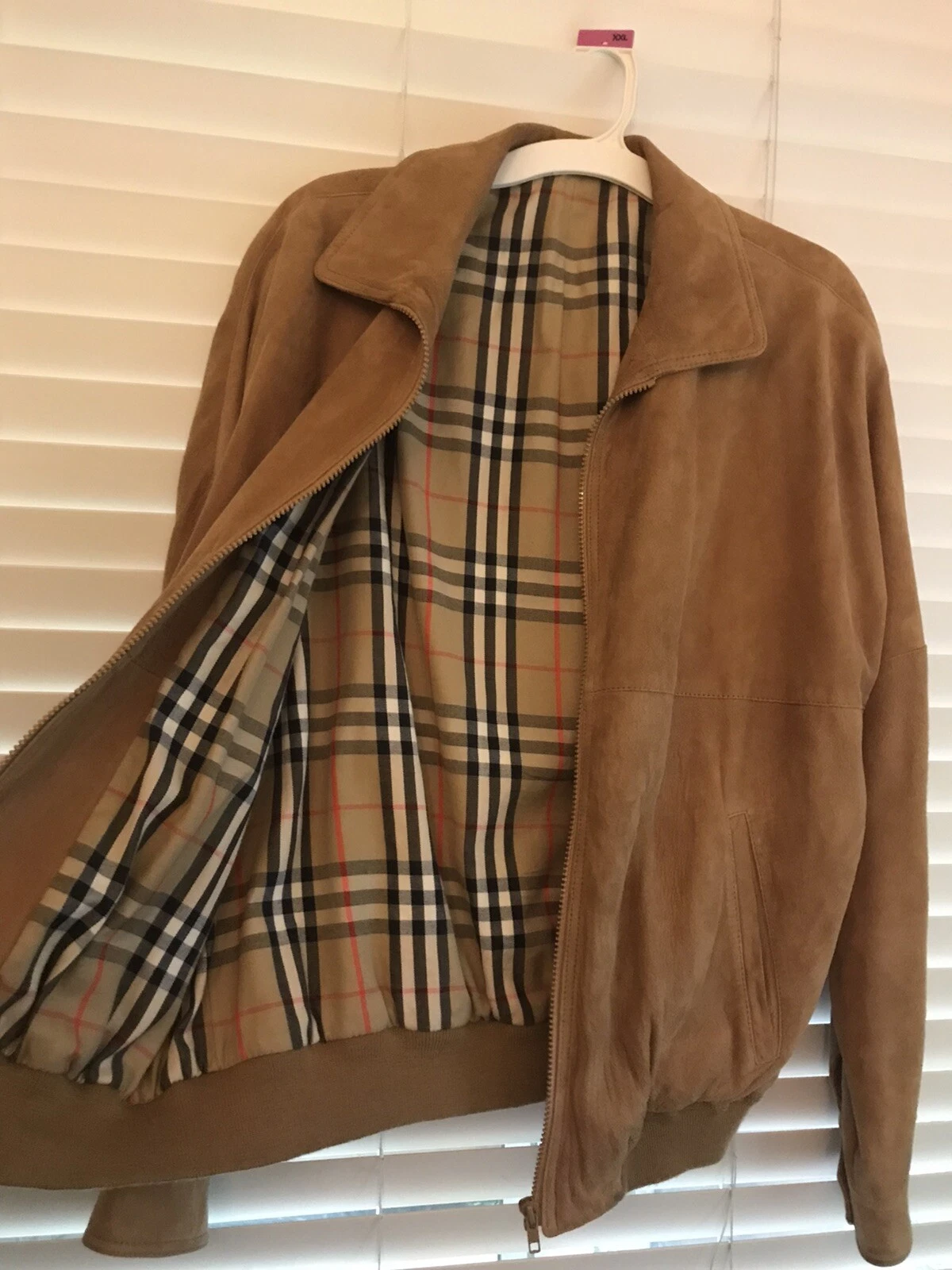 Burberry — Burberry London Camel Brown Leather Bomber Jacket Nova Check Suede  Size 46