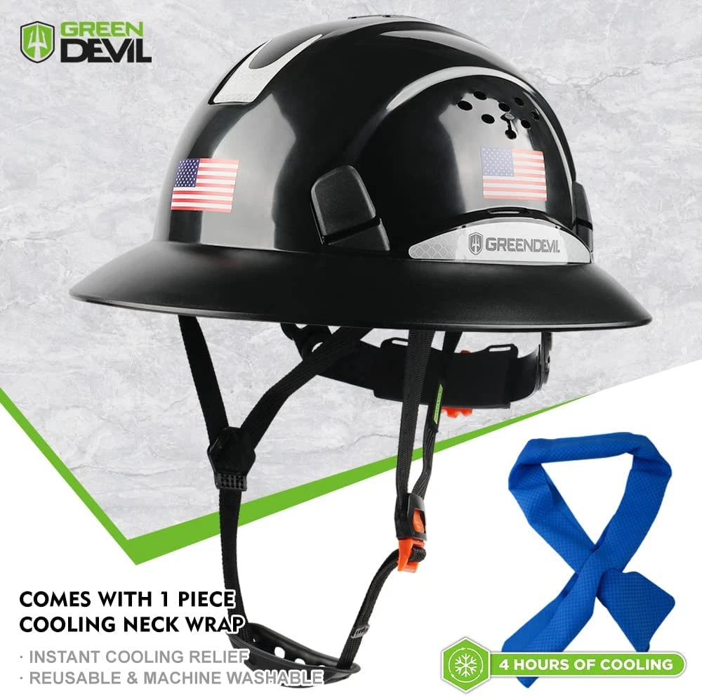 Full Brim Hard Hat Vented Construction Safety Helmet W Cooling Towel OSHA Appd