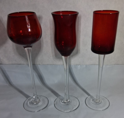 3 Hand Blown Crystal Ruby Red Mini Wine Glasses Goblets w/Clear Stem RARE Decor