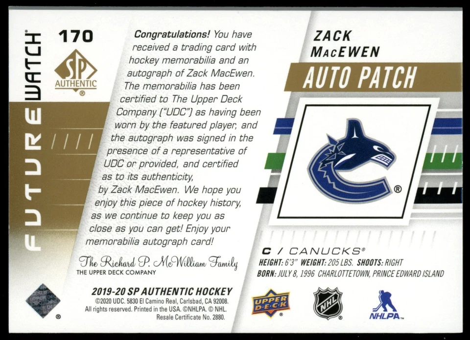 2019-20 UD SP Authentic Zack MacEwen Future Watch Auto Patch /100 #170 Rookie - Image 2 of 2