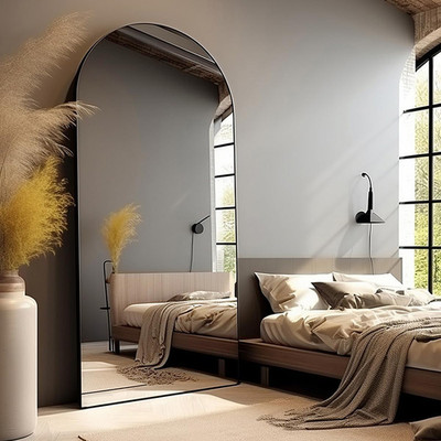Oversized Arched Floor Mirror 77''x38'' - Black Aluminum Frame, Freestanding