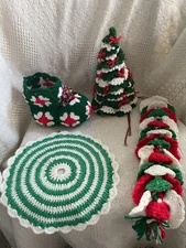 Crocheted Xmas Items. Granny Square Boot, Tree, Doily, Door Hanger Handmade.VTG