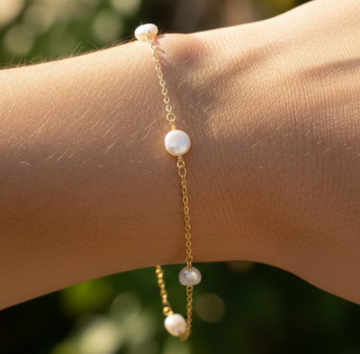 Minimalist Gold Plated Pearl Station Bracelet Premium White Pearl Link Chain