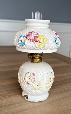 Antique Miniature Oil Lamp - Painted Glass Floral Mold Aladdin Shade Cosmos GWTW