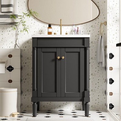 Modern 24 Inch Black Bathroom Vanity w/ Sink & Storage Cabinet - 2-Tier Shelves