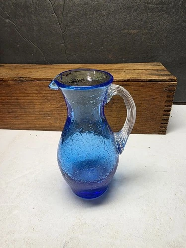 SUPER MID CENTURY BLUE CRACKLE GLASS PITCHER BLENKO PILGRIM