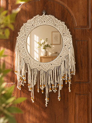 Boho Macrame Beds Mirror Handmade Wall Hanging Decor Cotton Rope Round Mirror 03