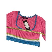 Nasty Gal Pink Crochet Knit Long Sleeve Crop Top Stripe Stitch Detail New