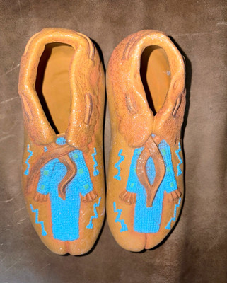 Native American hand painted ceramic Tan Leather Moccasins w/ Blue Beaded Design