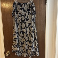 lauren ralph lauren 100 silk navy blue white floral midi skirt sz 16 high-low