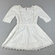 LoveShackFancy Novalie Womens Sz M Mini Dress White Cotton Eyelet Lace Pom Pom