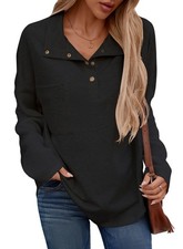 SHEWIN Women Oversized Sweatshirt Button Up Fall Spring Soft Loose Top Black 2XL