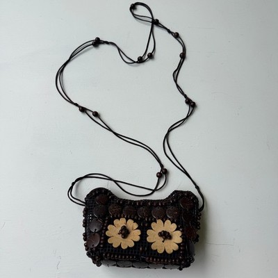 Boho Handcrafted Coconut Shell Crossbody Bag - Floral Artisan Shoulder Purse