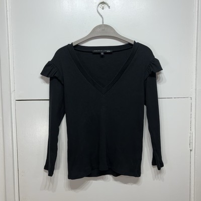 Veronica Barttop schwarz gerippt Rüschen Stretch V-Ausschnitt Baumwolle Größe Medium 
