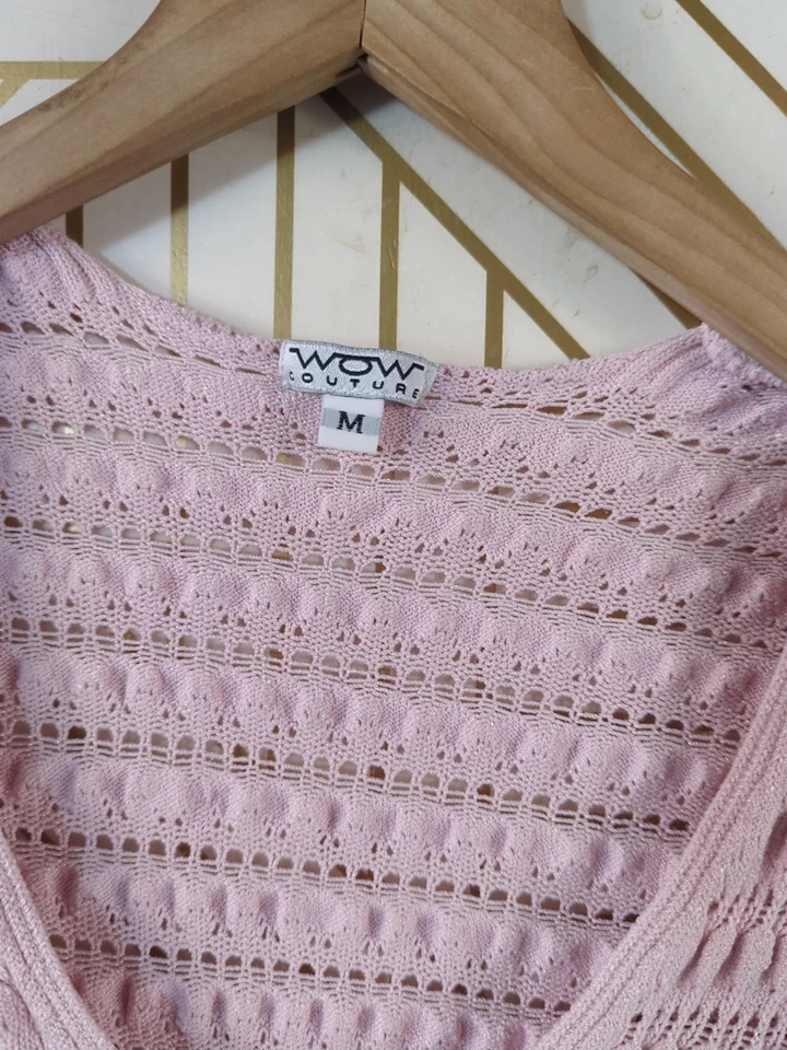 Top tejido WOW Couture cuello en V manga corta ajustado ROSA TALLA mediana Y2K Foto 3 de 4